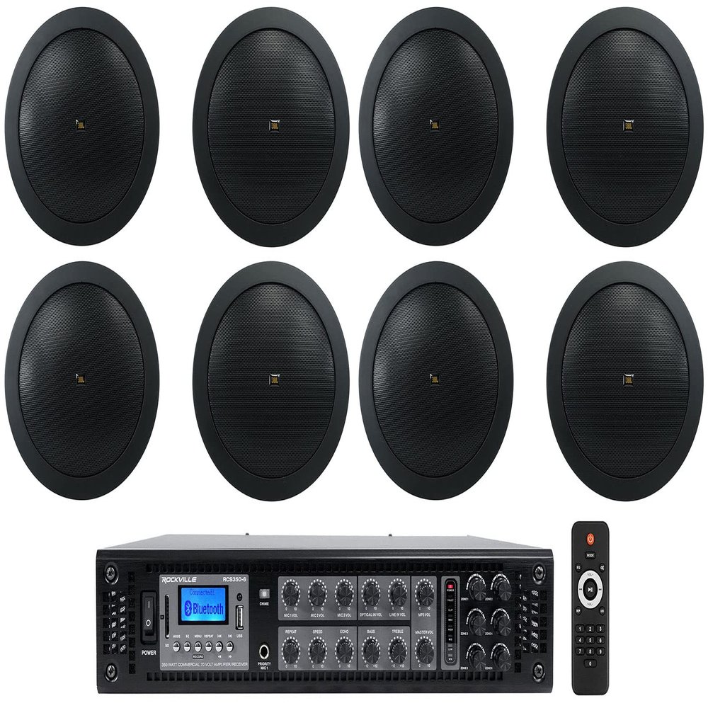 Rockville (8) JBL Control 14C/T-BK 4" 25w 70v Black in-Ceiling Speakers Bundle Amplifier (9 Items)