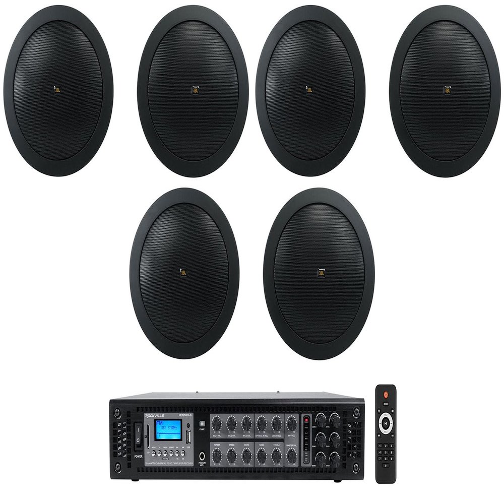 Rockville (6) JBL Control 14C/T-BK 4" 25w 70v Black in-Ceiling Speakers Bundle Amplifier (7 Items)