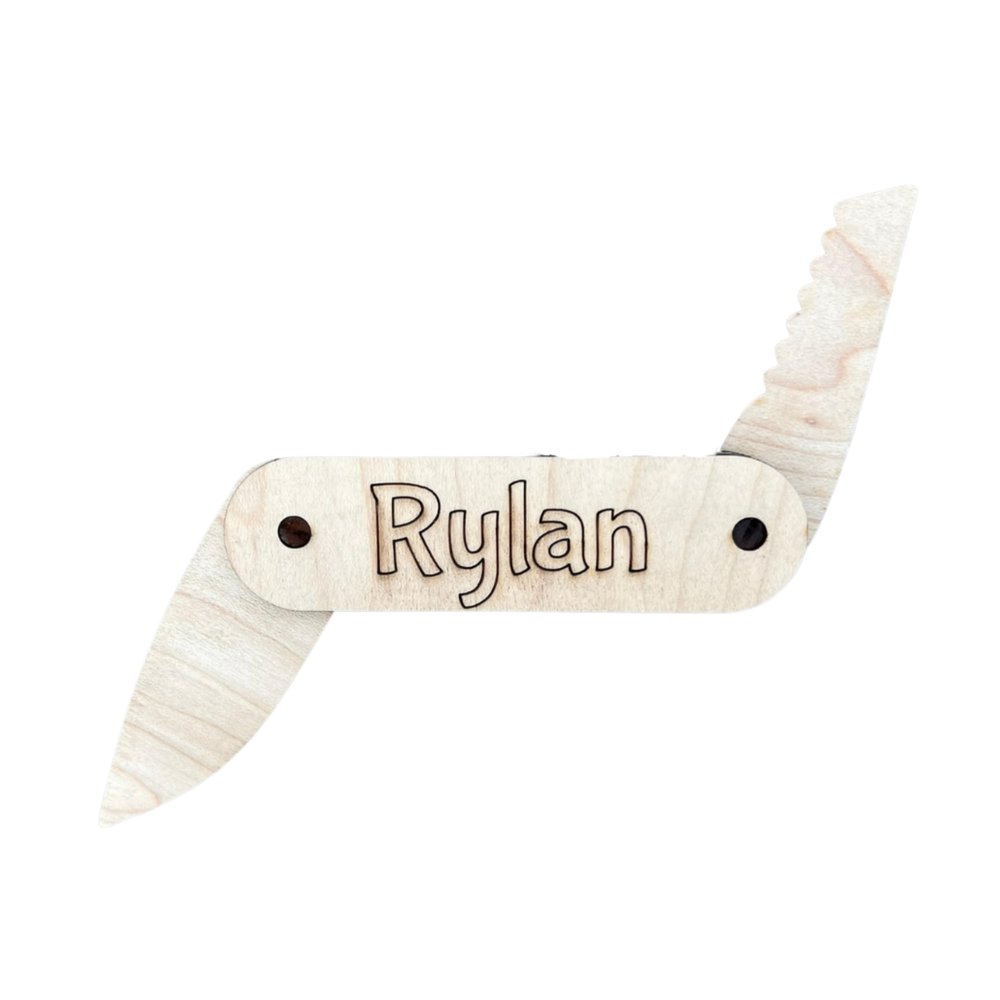AVTRBoutique Custom Kids Pocket Knife Adventure | Wooden Pretend Toy, Personalized Engraved Folding Fake Knives with Name for Safe Play, Gifts for Dad, Child, Boy, Girl, 4x1x1