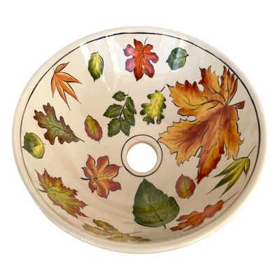 Bathroom Leaf Patterned Vessel Sink, Countertop Round Botanical Basin, Bowl Sink, Lavatory, Bathroom Remodel, Washroom, Cloakroom Washbasin (16" - 40 Cm)