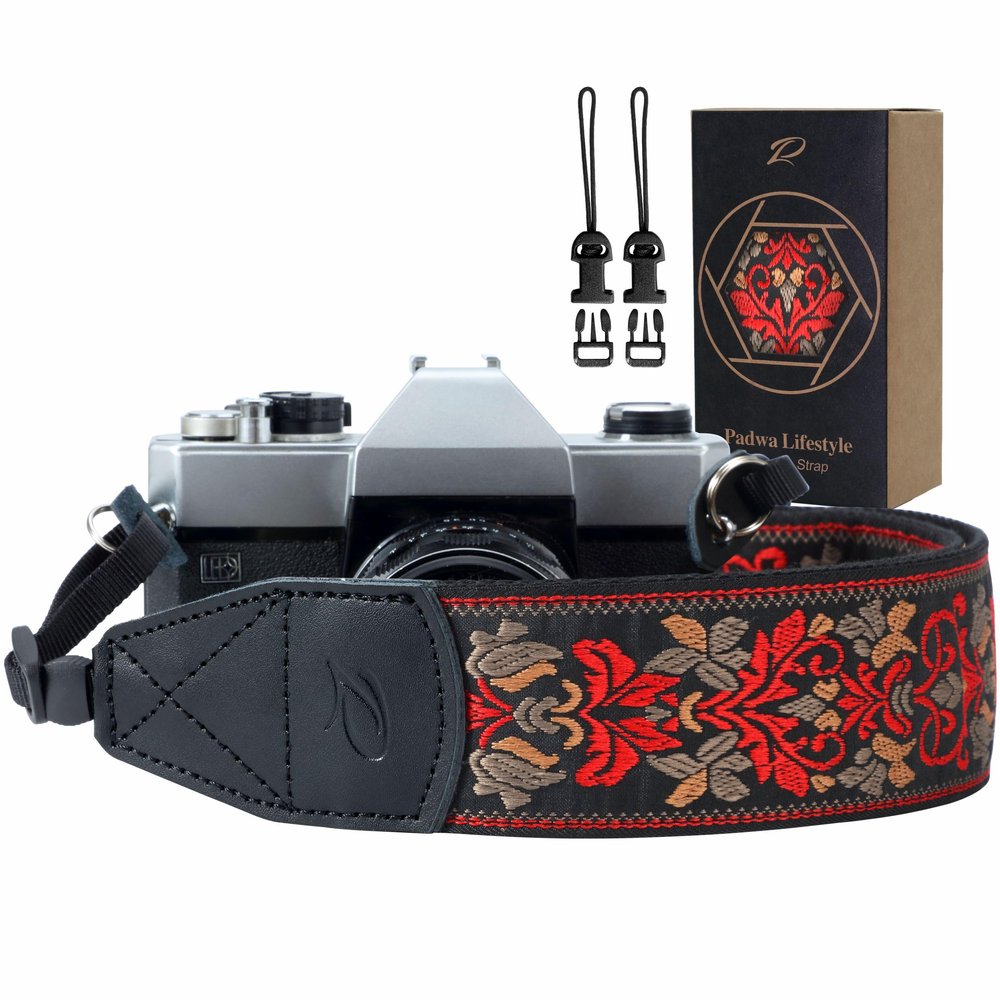 Padwa Lifestyle Camera Strap - 2" Wide Red Vintage Jacquard Embroidery Flower Camera Straps with Genuine Leather Head, Adjustable Neck Shoulder Strap for All Cameras and Men & Women Photographers