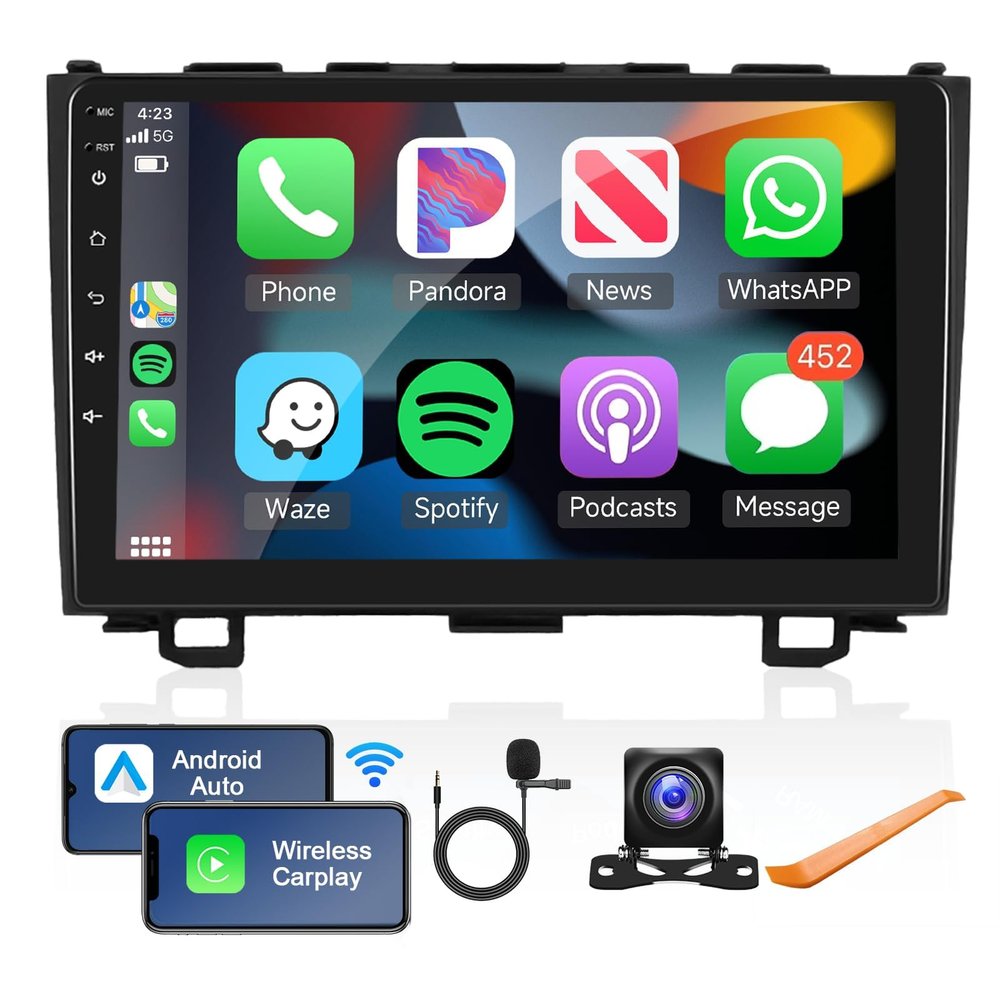 2G+64G Android Car Stereo for Honda CRV 2007-2011 with Wireless Carplay/Android Auto with WiFi GPS Navigation, 9" Touchscreen Bluetooth Car Radio Support USB FM/RDS EQ HD Backup