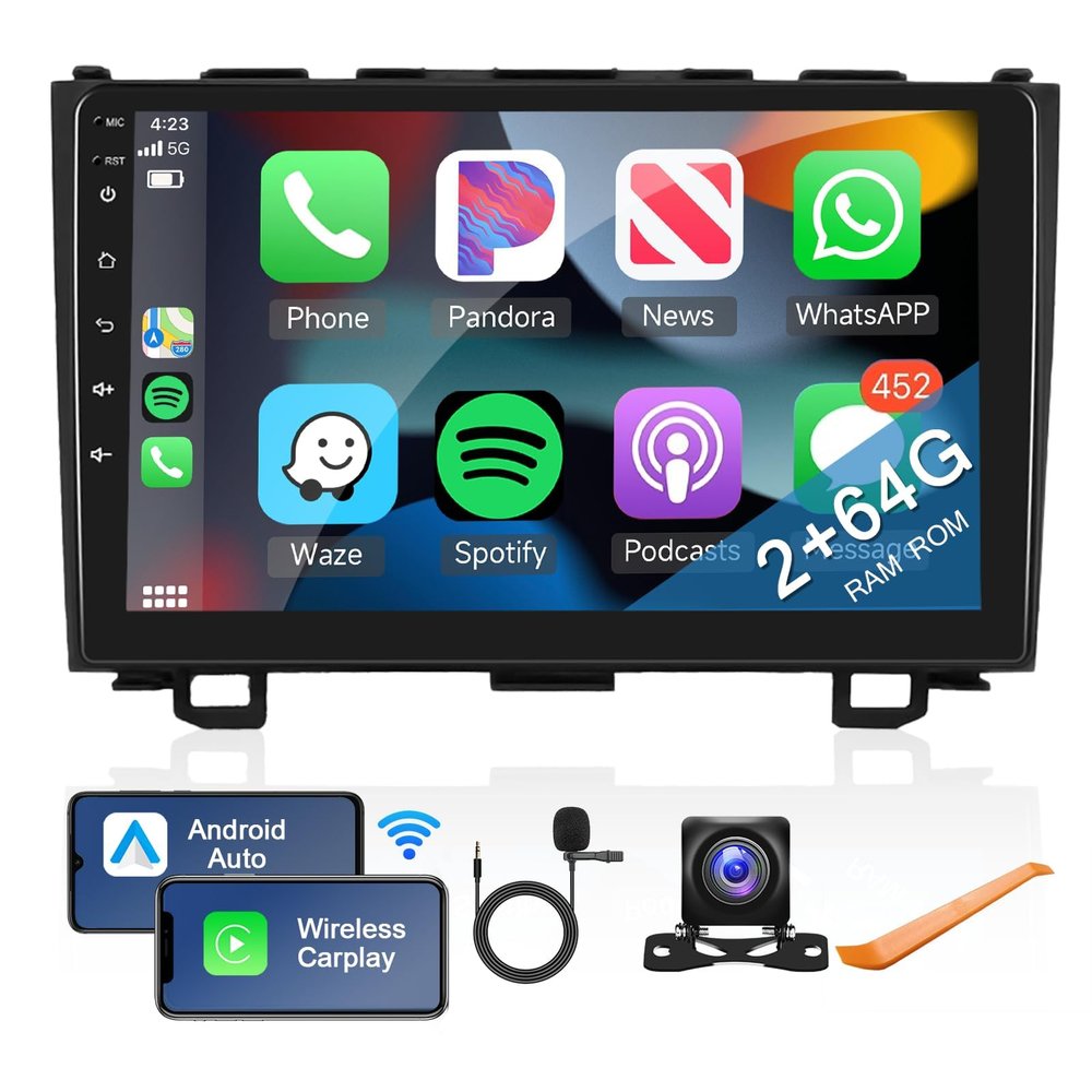 2+64G for Honda CRV 2007-2011 Android Car Stereo with Wireless Carplay/Android Auto, 9 Inch Touchscreen Bluetooth Car Radio Support WiFi GPS Navigation USB FM/RDS SWC HiFi Audio Backup Camera