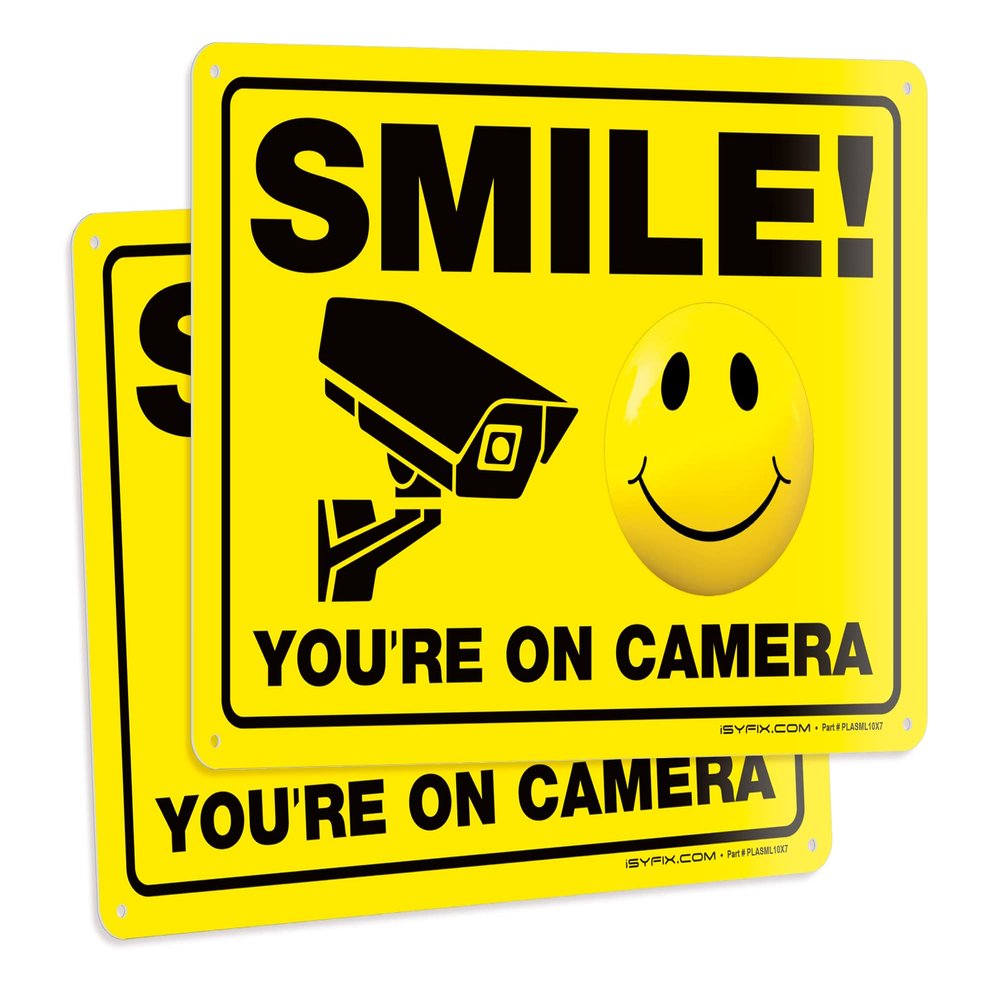 iSYFIX Smile You're on Camera Signs for Business  2 Pack 10x7 Inch  40 mil Thick Polystyrene Plastic Sign, Laminated UV, Scratch, & Fade Resistance, Security Camera Sign for Home, Business, CCTV