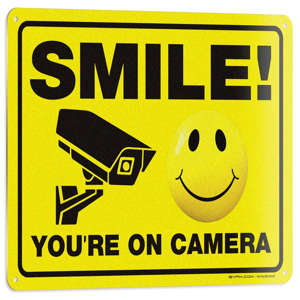 iSYFIX Smile You're on Camera Reflective Signs for Business  1 Pack 14x10 Inch  100% Rust Free .040 Aluminum Sign, Laminated for UV, Weather, Fade Resistance, Security Camera Sign for Home, CCTV