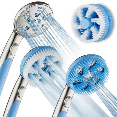Hotel Spa 4-in-1 Aquassage - High Pressure 10-mode Shower Head, Hand Shower, Hydro Body Brush & Hair Brush in One With Two Brackets, Extra-long 6 foot Stainless Steel Hose & Brush Head Holder