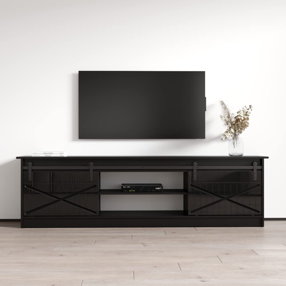 Meble Furniture Granero 01 Modern TV Stand High-Gloss Storage Console Fits TVs up to 90", 63.5" W x 15.7" D x 19.7" H Black