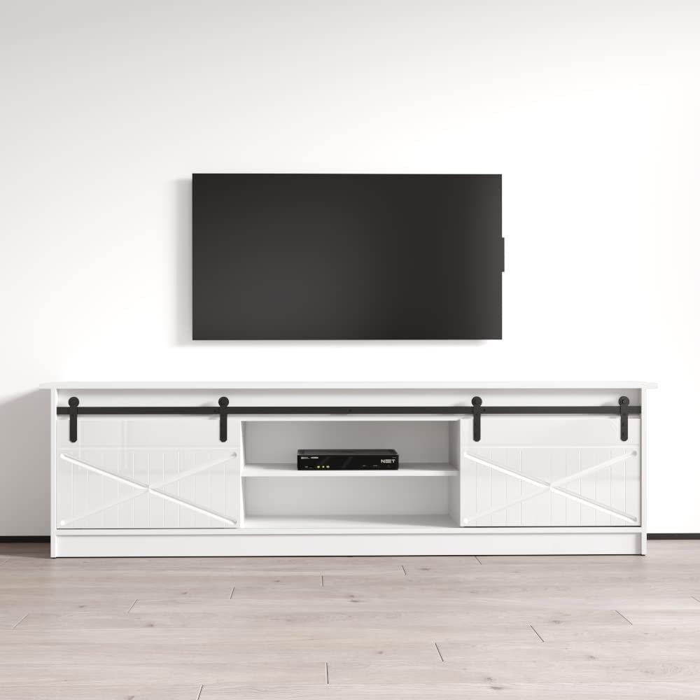 Meble Furniture Granero 01 Modern TV Stand  High-Gloss Storage Console  Fits TVs up to 90", 63.5" W x 15.7" D x 19.7" H  White