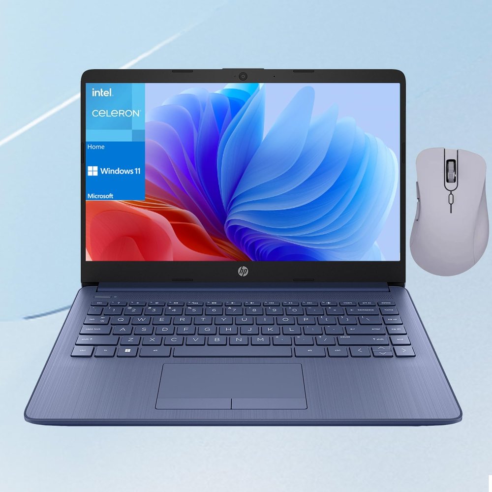 HP Essential Laptop, 14" HD Display, Intel Celeron N4120, 16GB RAM, 64GB eMMC, Bluetooth, Webcam, HDMI, Wi-Fi, RJ-45, Windows 11 Home, Blue, Bundle with ThunderRobot ML101 Wireless Mouse