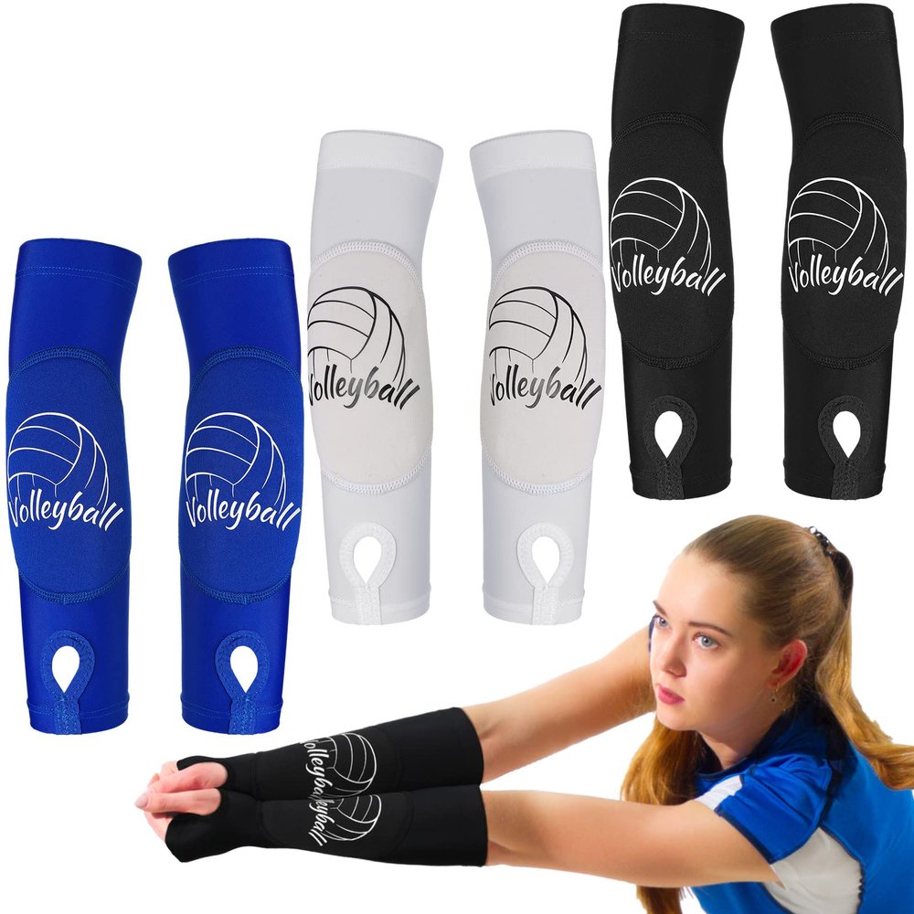 Yinder 3 Pairs Sports Volleyball Arm Sleeves for Youth Volleyball Wrist Guard Protection Pads and Thumbhole(S-10inch Length,Blue, White, Black,)