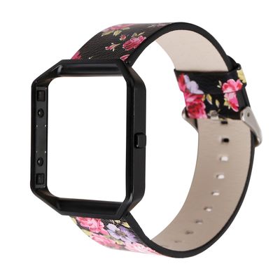 AsohsEN Women Flower Strap for Fitbit Blaze Bands, Genuine Soft Leather Replacement Wristband Bracelet Metal Frame for Fitbit Blaze Smart Fitness Watch (Black Pink +Black)