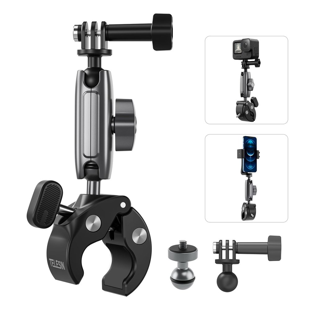 TELESIN Super Clamp Camera Mount with 360 Dual Ball Head, Bike/Bicycle/Motorcycle Handlebar Mount for DJI Osmo Action 6/Osmo Action 5 Pro/Osmo Nano/Action 4 3/Hero 13 12 11 10 9 8 7/Insta 360 X4 X5