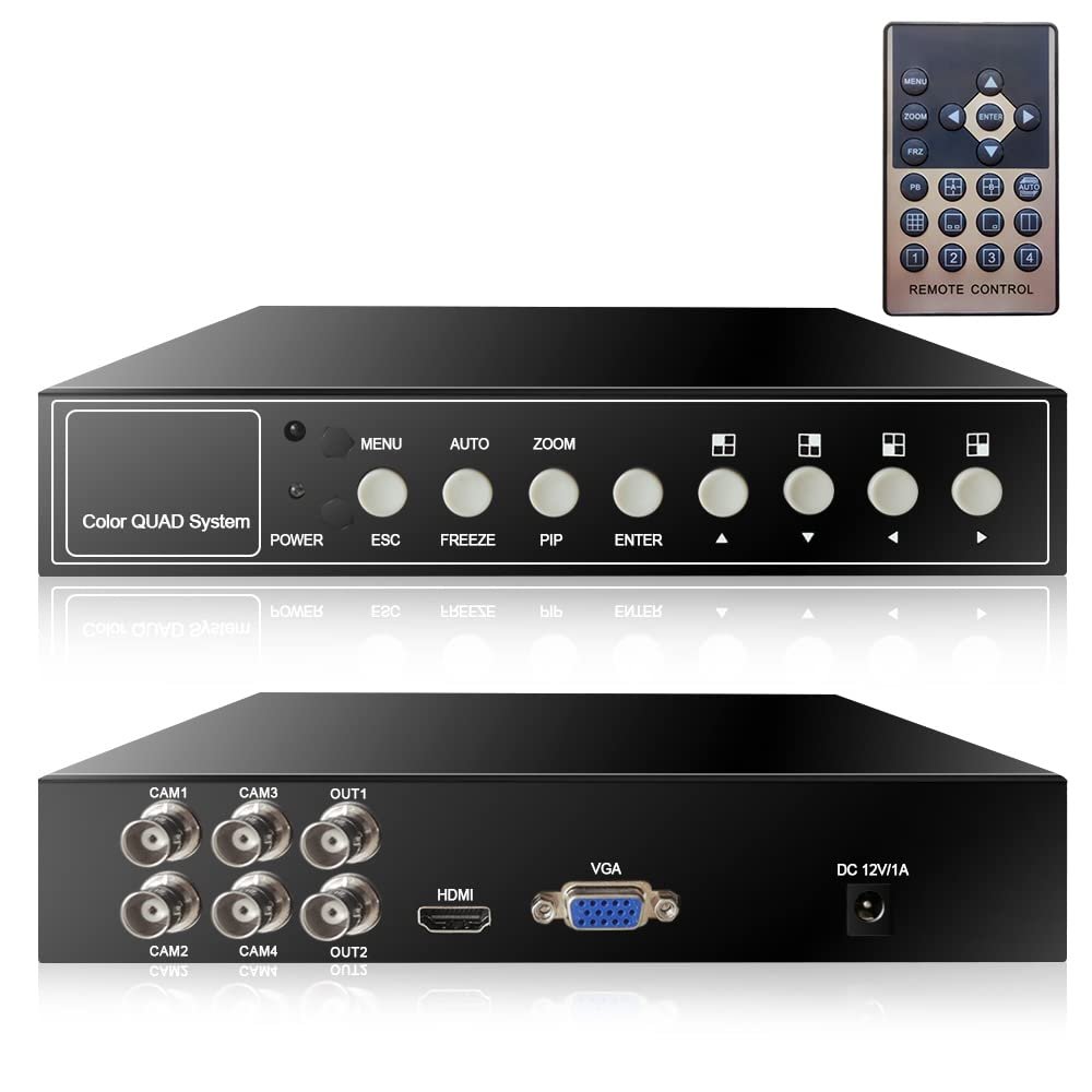 4-Channel 1080P HD Quad Video Processor - Image Switcher Multiplexer for AHD CVI TVI CCTV Security Cameras - Digital Zoom, Video Freezing, Loss Alarm Functions