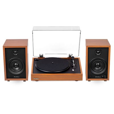Electrohome Montrose Record Player Stereo System, 4" Bluetooth Powered Bookshelf Speakers, Belt-Drive Turntable with Audio-Technica Stylus, Speed Control Motor, Built-in Preamp, Wood Plinth