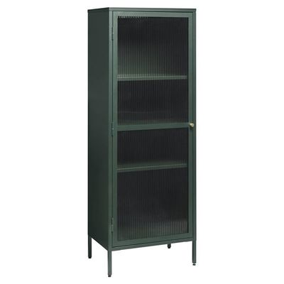 Modern Tempered Fluted Glass & Steel Tower Cabinet with 1 Hinged Door, 4 Adjustable Shelves, Freestanding for Bathroom, Kitchen, Living Room, Bedroom, Home Office, 22.5 x 15.75 x 63 in., Green/Gold