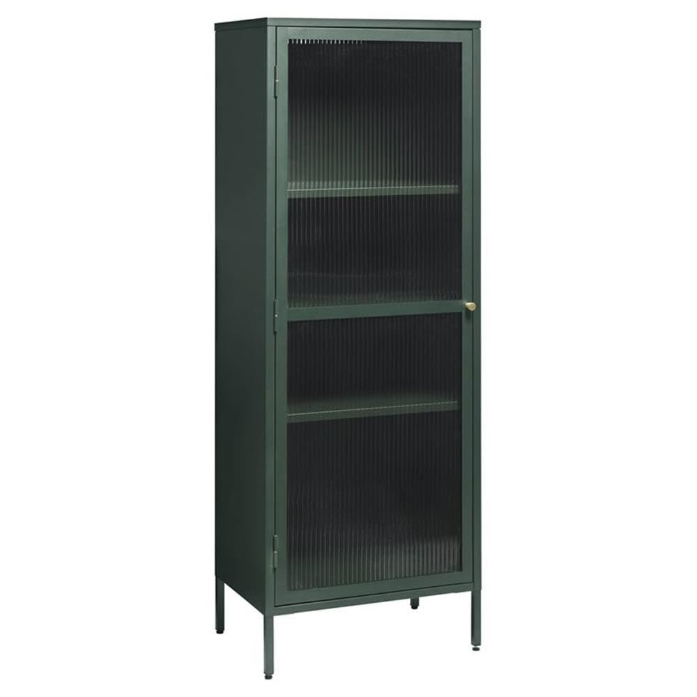 Modern Tempered Fluted Glass & Steel Tower Cabinet with 1 Hinged Door, 4 Adjustable Shelves, Freestanding for Bathroom, Kitchen, Living Room, Bedroom, Home Office, 22.5 x 15.75 x 63 in., Green/Gold