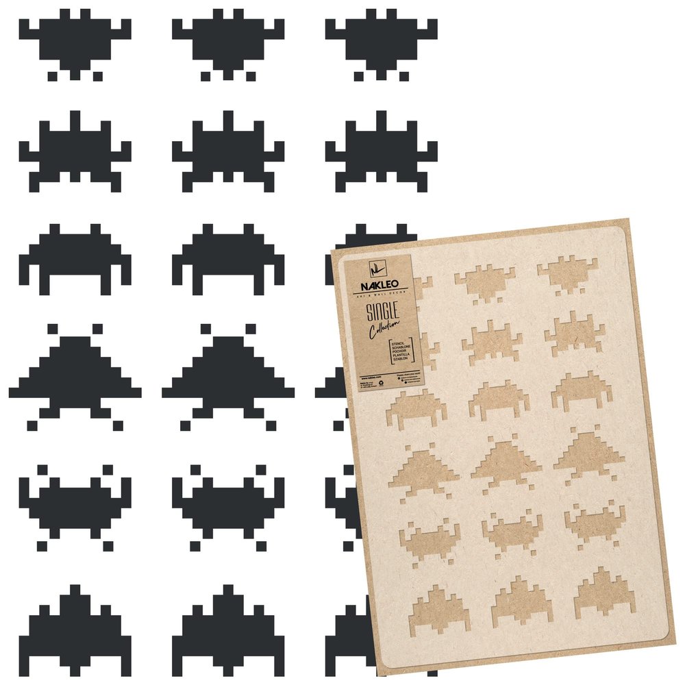 NAKLEO Reusable Plastic Wall Stencil - 59x95cm / 23 x 37 - Space Invaders Robot - Large Wallpaper Pattern Painting DIY Art Craft Template - Fabric Furniture Wood Canvas