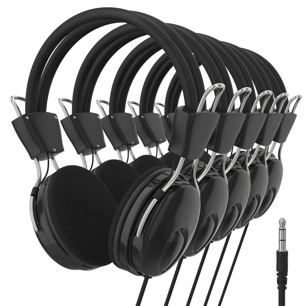 Maeline Black Headphones Bulk 5-Pack for Schools, Classrooms, Student Testing, Library, Computer Lab, Private Tutoring, Travel-Ready, Foldable Lightweight Headphones Stereo Sound, 3.5mm Jack