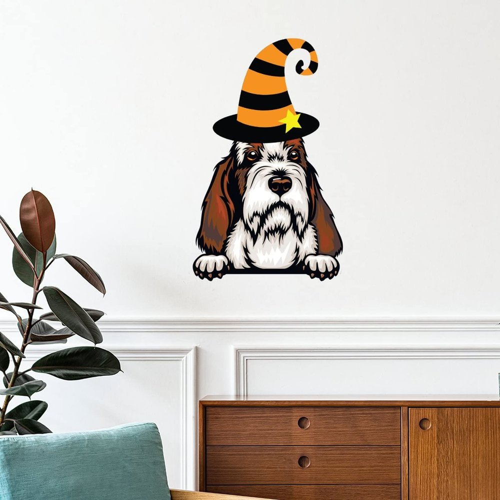 Halloween Stickers Witch Basset Griffon Vendeen Petit Welcome Halloween Wall Decals Griffon Vendeen Petit Dog Wall Art Removable Vinyl Wallpaper for Kids Boys Room Nursery Halloween Party Supplies