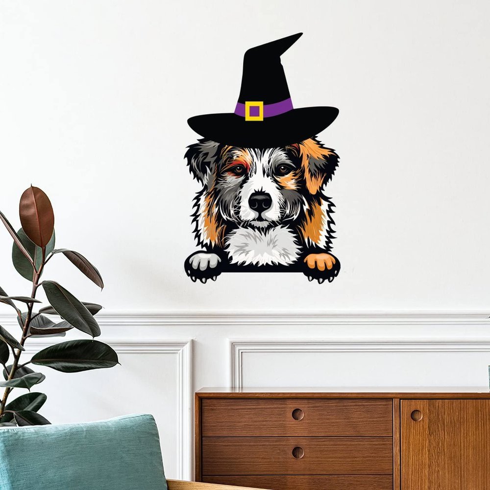 Halloween Stickers Witch Australian Shepherd Welcome Halloween Wall Decals Australian Shepherd Dog Wall Art Removable Vinyl Wallpaper for Kids Boys Room Nursery Halloween Party Supplies 24 inch