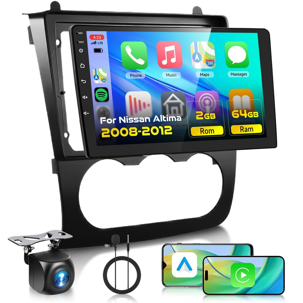 2G+64G Car Radio Stereo for Nissan Altima 2008-2012 with Wireless CarPlay Android Auto, 9 Inch Android 13 Touch Screen HiFi Audio GPS Navigation WiFi Bluetooth SWC HD Camera (Manual A/C)