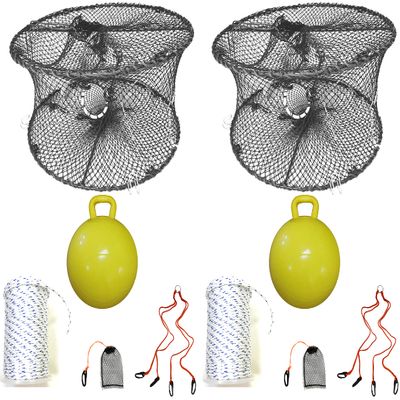 2-Pack of KUFA Sports Foldable Prawn Trap (Stretched Mesh Size:1-3/4") with 400' Rope, Yellow Float, Plastic Vented Bait Cage & Harness Combo (PRN59+PBMH5) x2