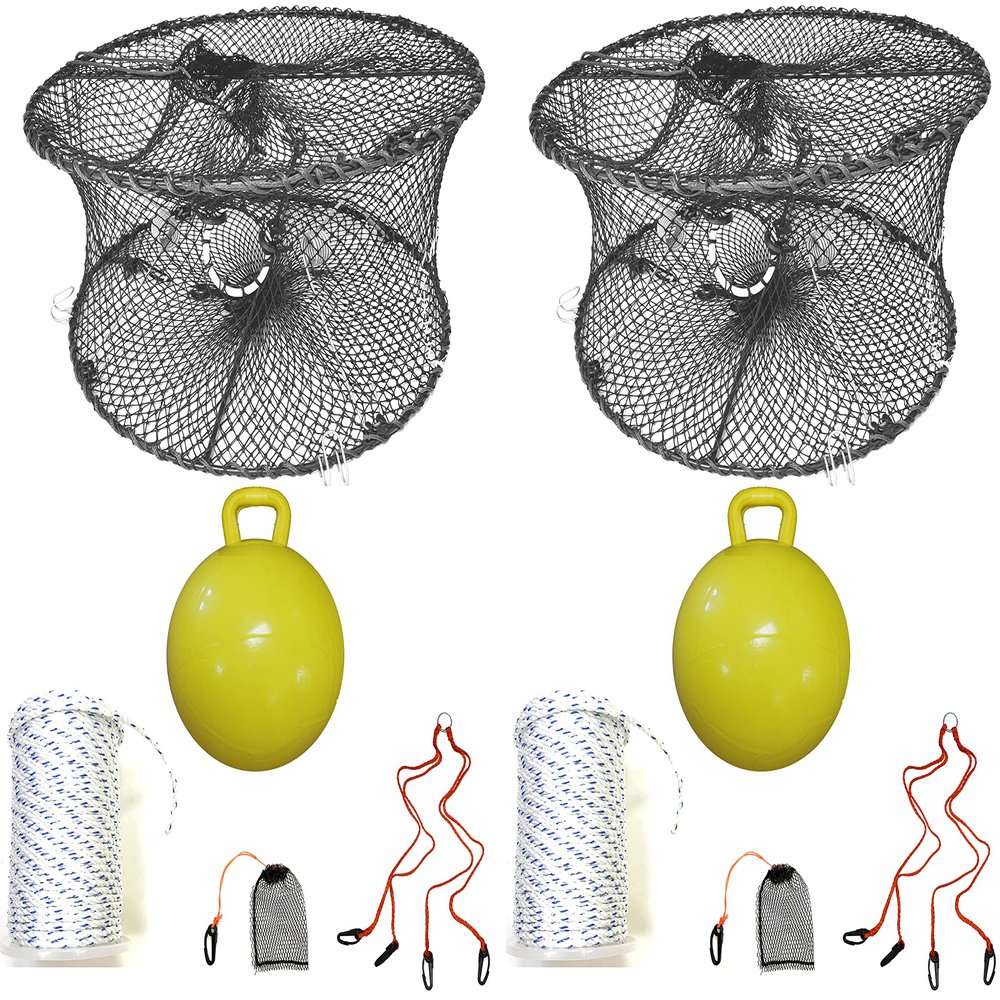2-Pack of KUFA Sports Foldable Prawn Trap (Stretched Mesh Size:1-3/4") with 400' Rope, Yellow Float, Plastic Vented Bait Cage & Harness Combo (PRN59+PBMH5) x2