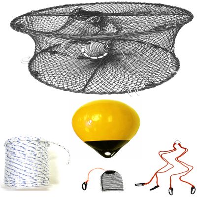 KUFA Sports Foldable Prawn Trap (Stretched Mesh Size:1-3/4") with 400' Rope, Yellow Float, Plastic Vented Bait Cage & Harness Combo (PRN59+PBMH38Y)
