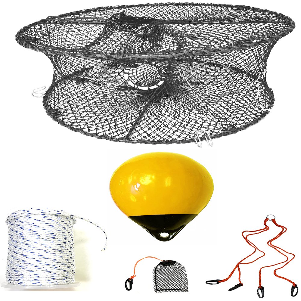 KUFA Sports Foldable Prawn Trap (Stretched Mesh Size:1-3/4") with 400' Rope, Yellow Float, Plastic Vented Bait Cage & Harness Combo (PRN59+PBMH38Y)