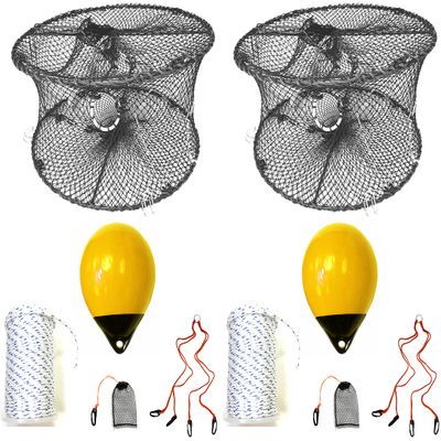 2-Pack of KUFA Sports Foldable Prawn Trap (Stretched Mesh Size:1-3/4") with 400' Rope, Yellow Float, Plastic Vented Bait Cage & Harness Combo (PRN59+PBMH30Y) x2