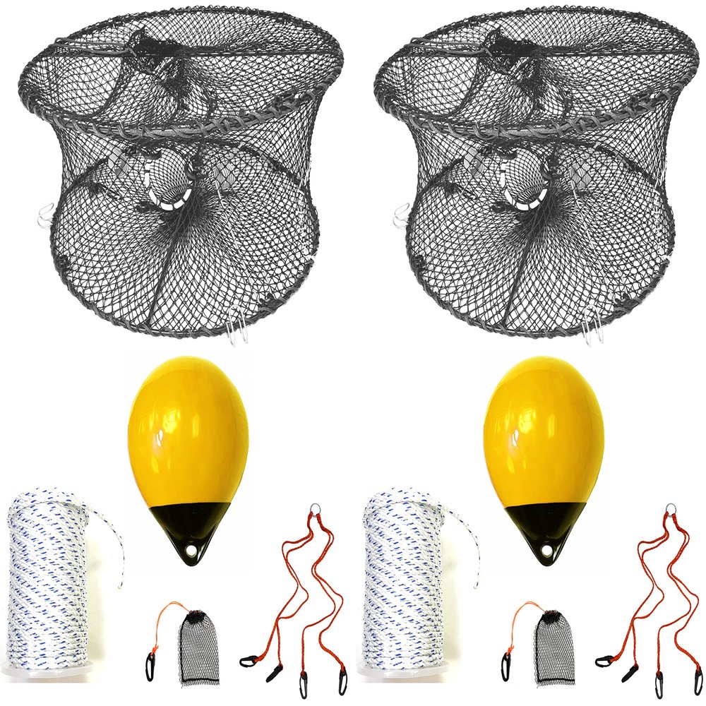 2-Pack of KUFA Sports Foldable Prawn Trap (Stretched Mesh Size:1-3/4") with 400' Rope, Yellow Float, Plastic Vented Bait Cage & Harness Combo (PRN59+PBMH30Y) x2