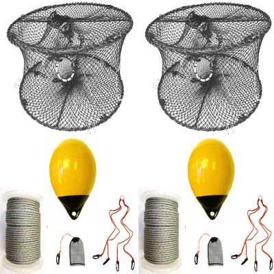 2-Pack of KUFA Sports Foldable Prawn Trap (Stretched Mesh Size:1-3/4") with 400' Rope, Yellow Float, Plastic Vented Bait Cage & Harness Combo (PRN59+PBQH30Y) X2