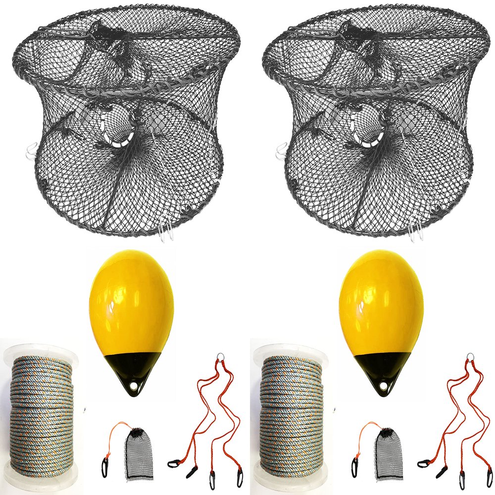 2-Pack of KUFA Sports Foldable Prawn Trap (Stretched Mesh Size:1-3/4") with 400' Rope, Yellow Float, Plastic Vented Bait Cage & Harness Combo (PRN59+PBQH30Y) X2