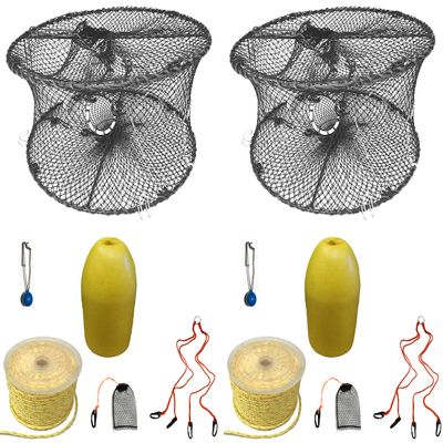 2-Pack of KUFA Sports Foldable Prawn Trap (Stretched Mesh Size:1-3/4") with 400' Rope, Yellow Float, Plastic Vented Bait Cage & Harness Combo (PRN59+PBPH3) x2