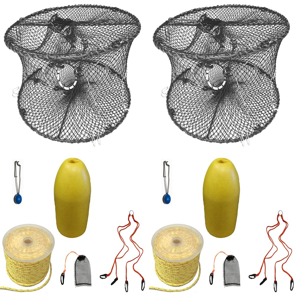 2-Pack of KUFA Sports Foldable Prawn Trap (Stretched Mesh Size:1-3/4") with 400' Rope, Yellow Float, Plastic Vented Bait Cage & Harness Combo (PRN59+PBPH3) x2