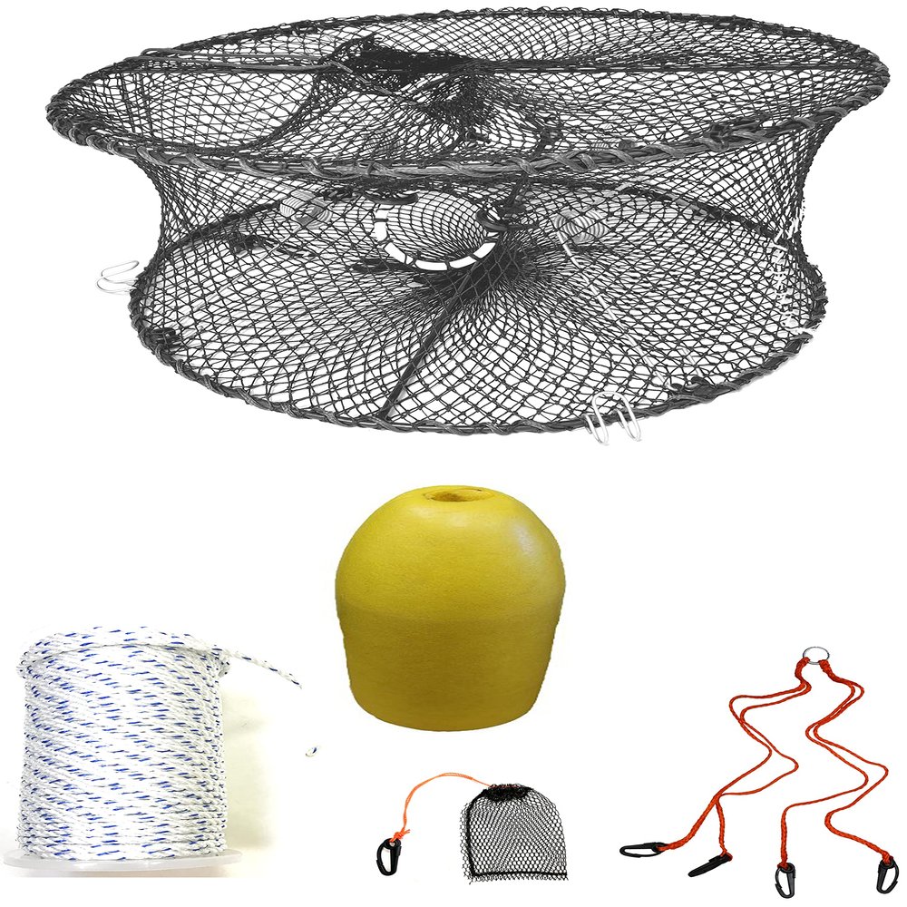 KUFA Sports Foldable Prawn Trap (Stretched Mesh Size:1-3/4") with 400' Rope, Yellow Float, Plastic Vented Bait Cage & Harness Combo (PRN59+PBMH3)