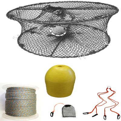 KUFA Sports Foldable Prawn Trap (Stretched Mesh Size:1-3/4") with 400' Rope, Yellow Float, Plastic Vented Bait Cage & Harness Combo (PRN59+PBQH1)