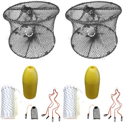 2-Pack of KUFA Sports Foldable Prawn Trap (Stretched Mesh Size:1-3/4") with 400' Rope, Yellow Float, Plastic Vented Bait Cage & Harness Combo (PRN59+PBMH1) x2