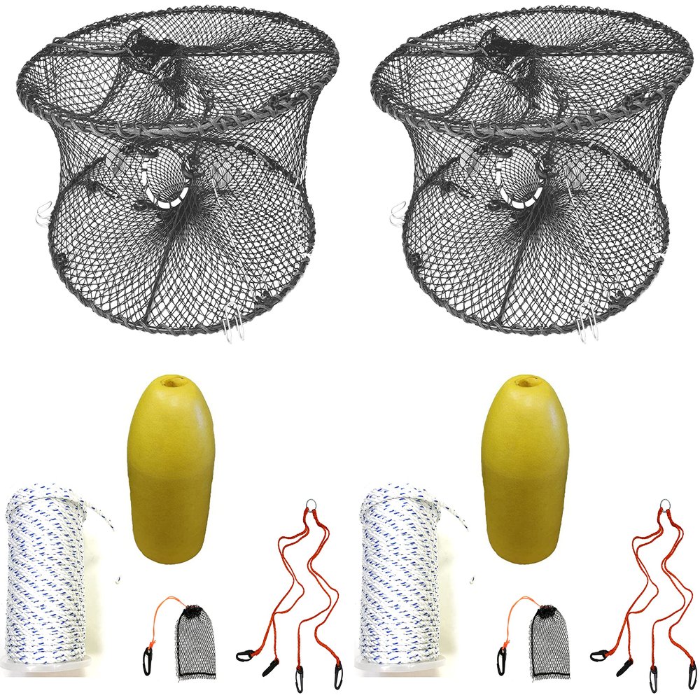 2-Pack of KUFA Sports Foldable Prawn Trap (Stretched Mesh Size:1-3/4") with 400' Rope, Yellow Float, Plastic Vented Bait Cage & Harness Combo (PRN59+PBMH1) x2