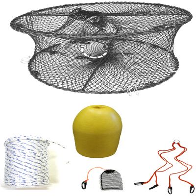 KUFA Sports Foldable Prawn Trap (Stretched Mesh Size:1-3/4") with 400' Rope, Yellow Float, Plastic Vented Bait Cage & Harness Combo (PRN59+PBMH1)