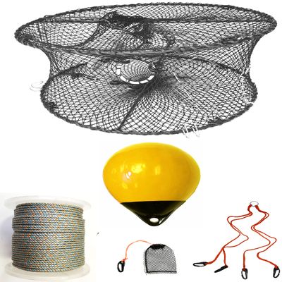 KUFA Sports Foldable Prawn Trap (Stretched Mesh Size:1-3/4") with 400' Rope, Yellow Float, Plastic Vented Bait Cage & Harness Combo (PRN59+PBQH38Y)