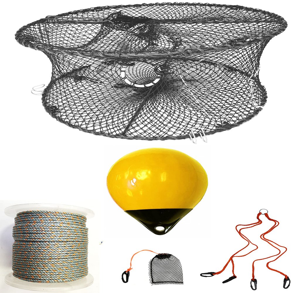 KUFA Sports Foldable Prawn Trap (Stretched Mesh Size:1-3/4") with 400' Rope, Yellow Float, Plastic Vented Bait Cage & Harness Combo (PRN59+PBQH38Y)