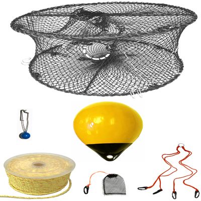 KUFA Sports Foldable Prawn Trap (Stretched Mesh Size:1-3/4") with 400' Rope, Yellow Float, Plastic Vented Bait Cage & Harness Combo (PRN59+PBPH38Y)