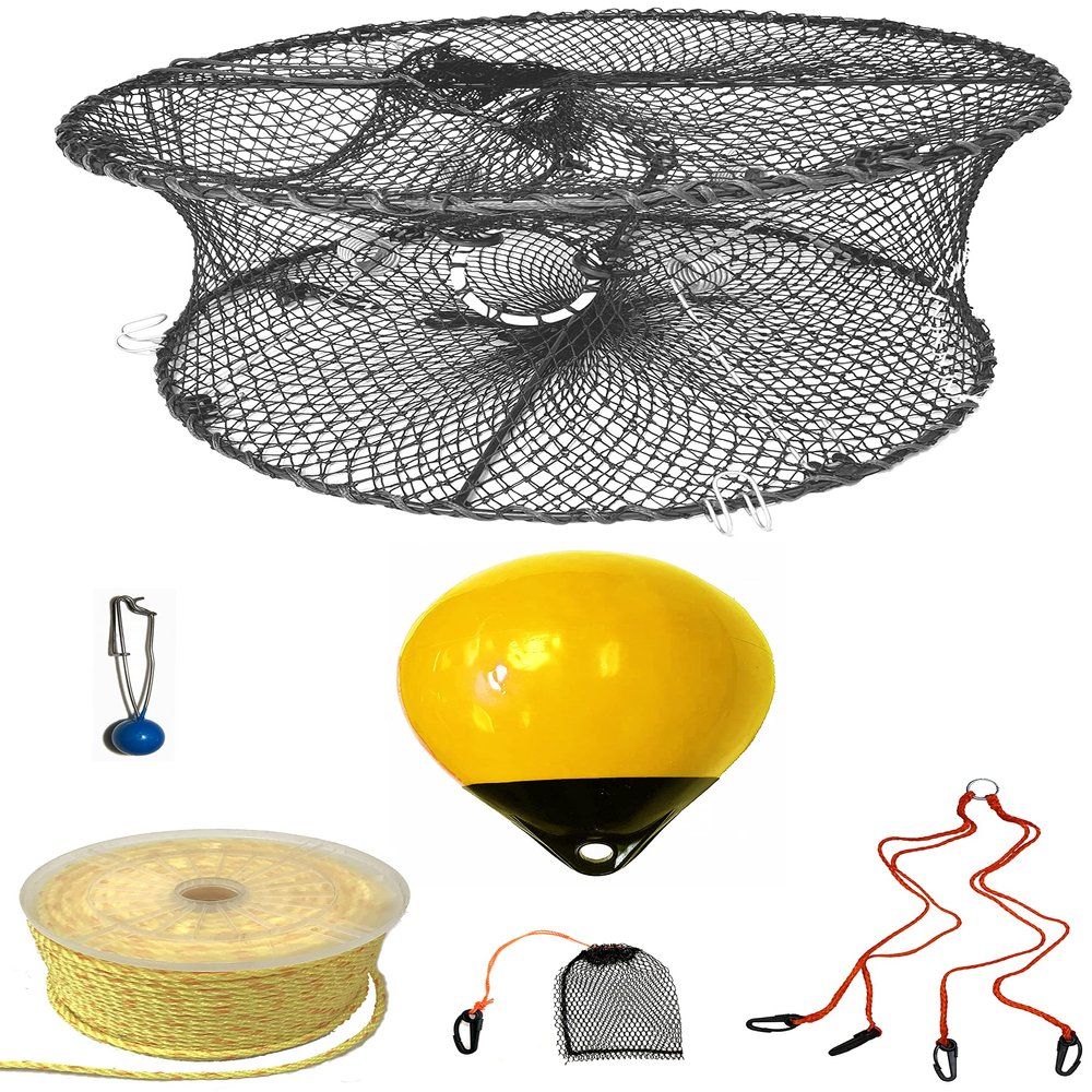 KUFA Sports Foldable Prawn Trap (Stretched Mesh Size:1-3/4") with 400' Rope, Yellow Float, Plastic Vented Bait Cage & Harness Combo (PRN59+PBPH38Y)