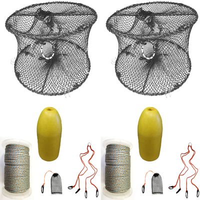 2-Pack of KUFA Sports Foldable Prawn Trap (Stretched Mesh Size:1-3/4") with 400' Rope, Yellow Float, Plastic Vented Bait Cage & Harness Combo (PRN59+PBLH1) x2