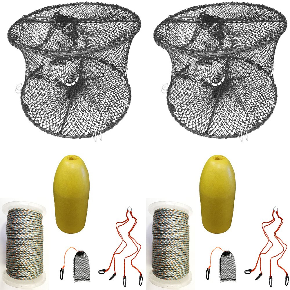 2-Pack of KUFA Sports Foldable Prawn Trap (Stretched Mesh Size:1-3/4") with 400' Rope, Yellow Float, Plastic Vented Bait Cage & Harness Combo (PRN59+PBLH1) x2