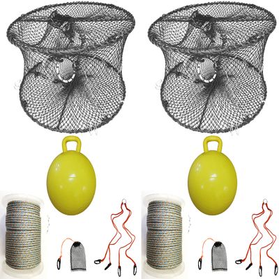 2-Pack of KUFA Sports Foldable Prawn Trap (Stretched Mesh Size:1-3/4") with 400' Rope, Yellow Float, Plastic Vented Bait Cage & Harness Combo (PRN59+PBQH5) X2