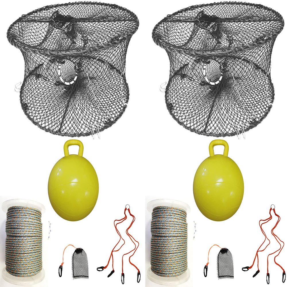 2-Pack of KUFA Sports Foldable Prawn Trap (Stretched Mesh Size:1-3/4") with 400' Rope, Yellow Float, Plastic Vented Bait Cage & Harness Combo (PRN59+PBQH5) X2