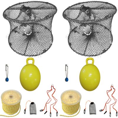 2-Pack of KUFA Sports Foldable Prawn Trap (Stretched Mesh Size:1-3/4") with 400' Rope, Yellow Float, Plastic Vented Bait Cage & Harness Combo (PRN59+PBPH5) x2