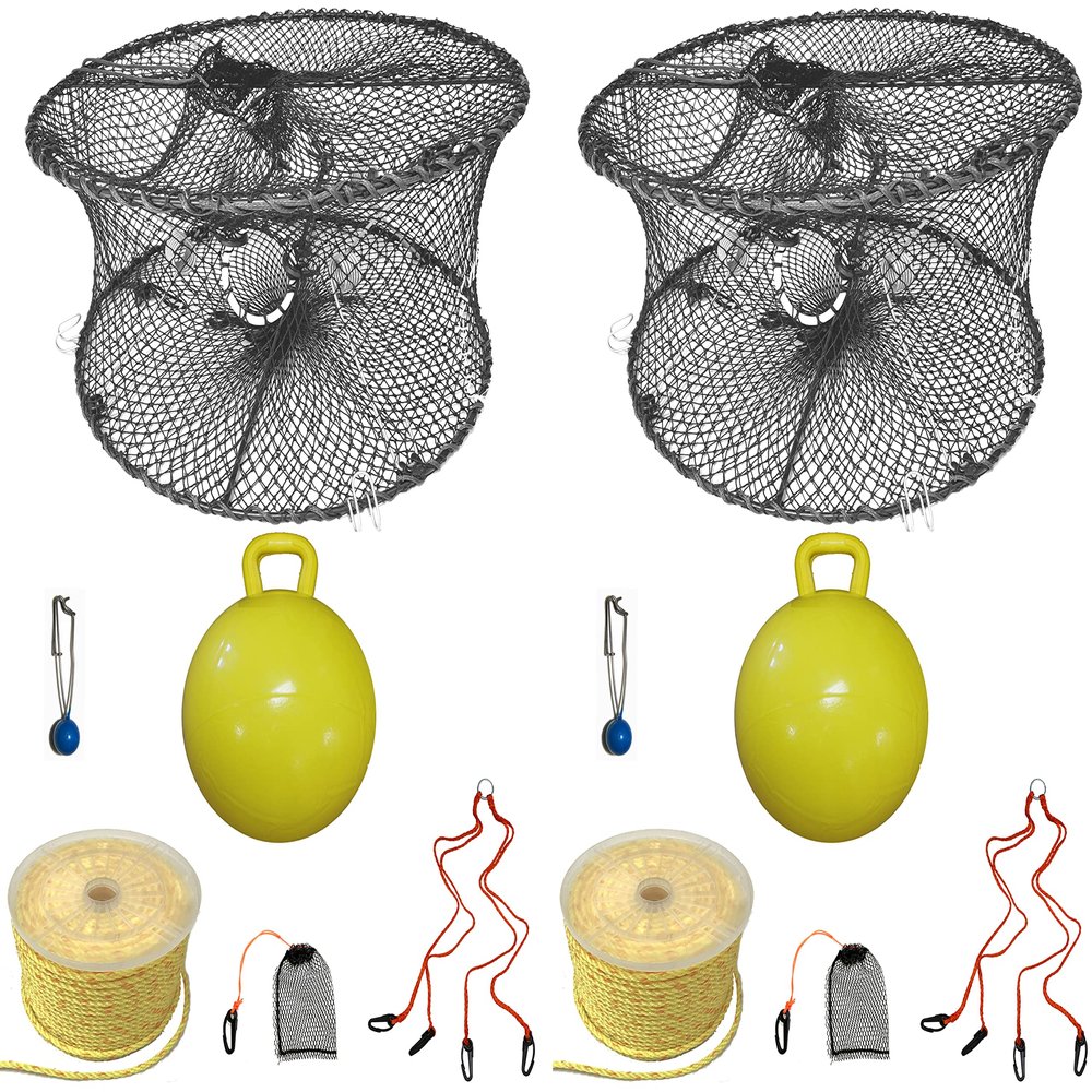2-Pack of KUFA Sports Foldable Prawn Trap (Stretched Mesh Size:1-3/4") with 400' Rope, Yellow Float, Plastic Vented Bait Cage & Harness Combo (PRN59+PBPH5) x2